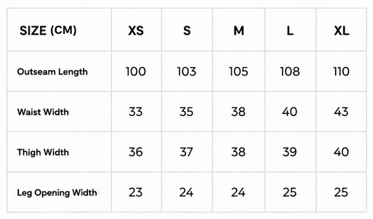 Size chart for SW01 - BLACK