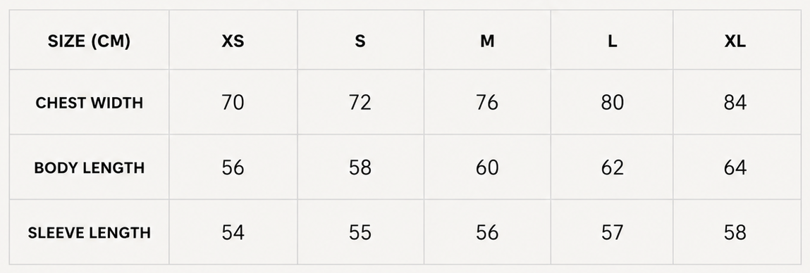 Size chart for BH04 - VINTAGE WHITE