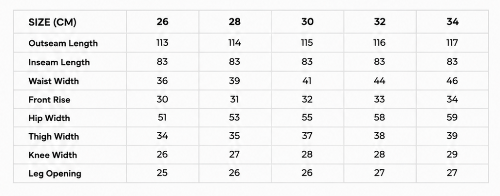 Size chart for J01 - LIGHT BLUE