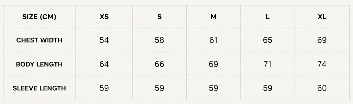 Size chart for LSB05 - LIGHT GREY