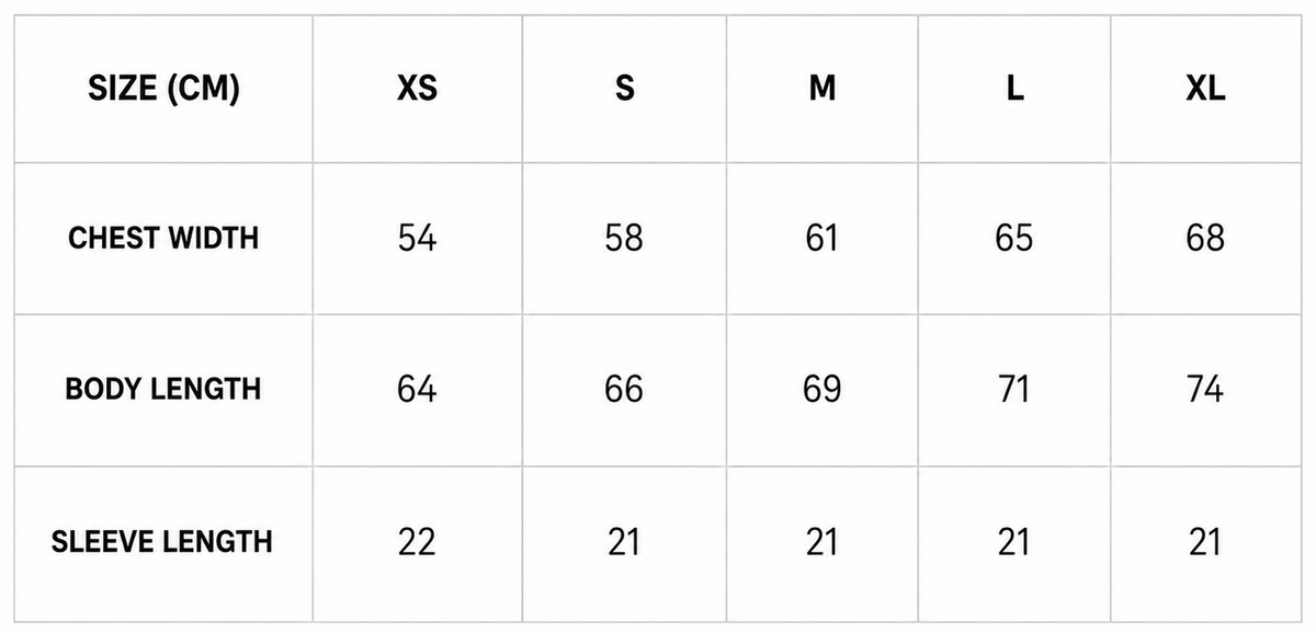 Size chart for BT01 - BLACK