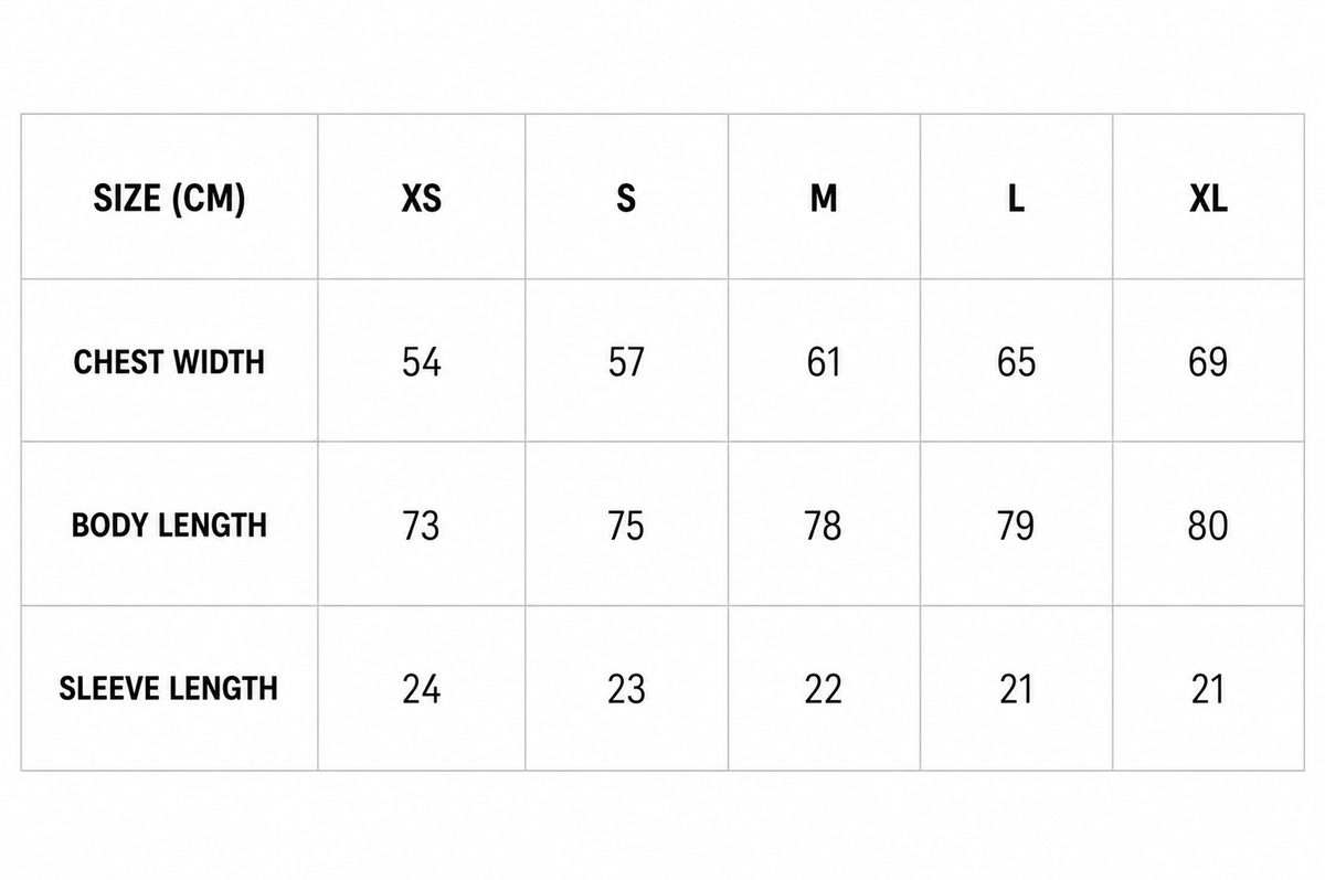 Size chart for TS11 - BLACK