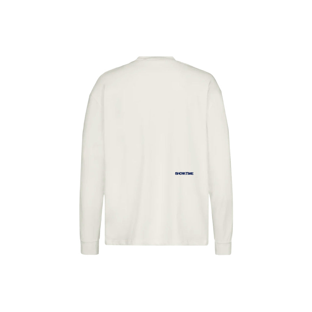 THE VINTAGE WHITE LONGSLEEVE - NAVY EMBROIDERY