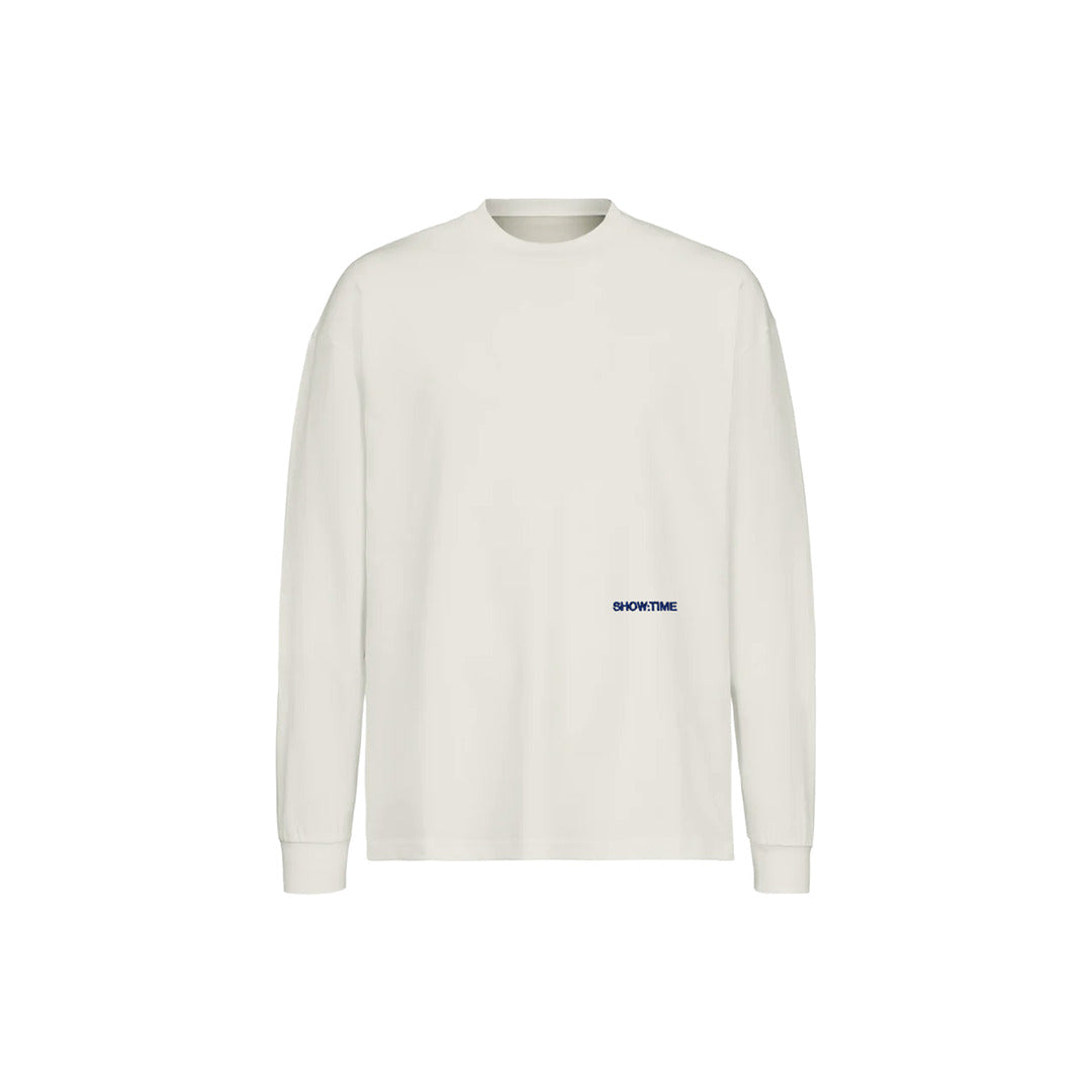 THE VINTAGE WHITE LONGSLEEVE - NAVY EMBROIDERY
